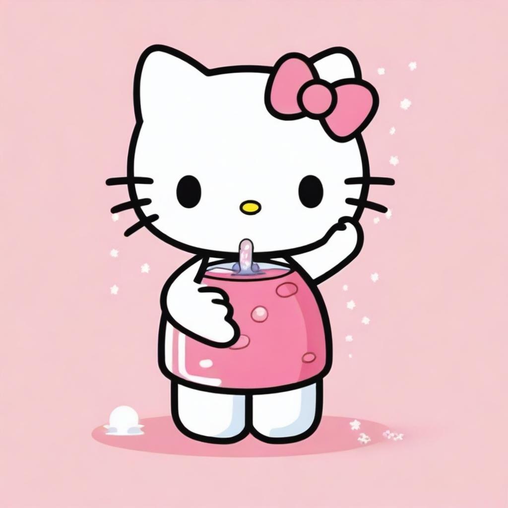 Hello Kitty drinking water from a glass