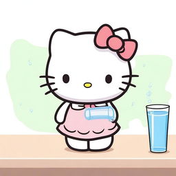 Hello Kitty drinking water from a glass