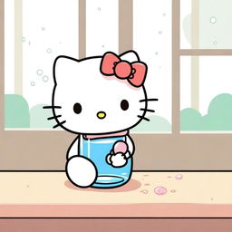 Hello Kitty drinking water from a glass