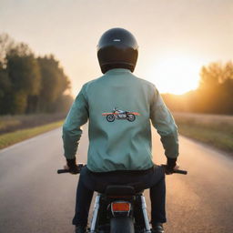 An animated rear view of a man in a sporty posture. He's wearing a cartoon coach jacket with a Caferacer image, a helmet and riding his cartoon Caferacer motorcycle on a tranquil open road amidst a relaxing sunrise scenery.