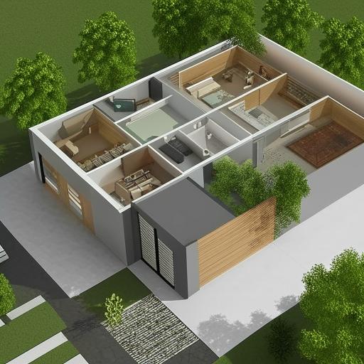 A 3D design for a modern home within a 33ft x 48ft area, encompassing a shop and a gate on the 33ft side. The home features glass walls, a flat roof, and a minimalist design.