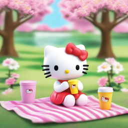 Hello Kitty is drinking water from a cute, small glass