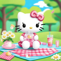 Hello Kitty is drinking water from a cute, small glass