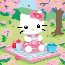 Hello Kitty is drinking water from a cute, small glass