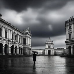 A dramatic scene of Piata Unirii in Cluj under brooding clouds