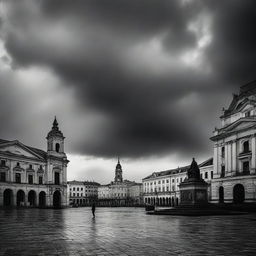 A dramatic scene of Piata Unirii in Cluj under brooding clouds