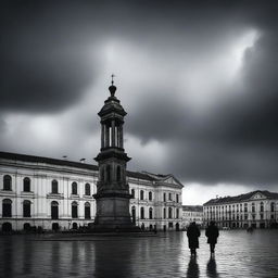 A dramatic scene of Piata Unirii in Cluj under brooding clouds