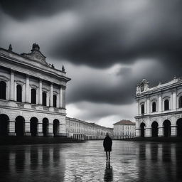 A dramatic scene of Piata Unirii in Cluj under brooding clouds