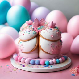 A birthday cake shaped like a pair of breasts, with realistic detailing and decorations