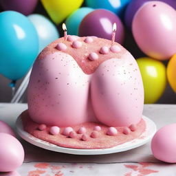 A birthday cake shaped like a pair of breasts, with realistic detailing and decorations