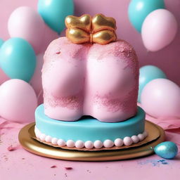 A birthday cake shaped like a pair of breasts, with realistic detailing and decorations