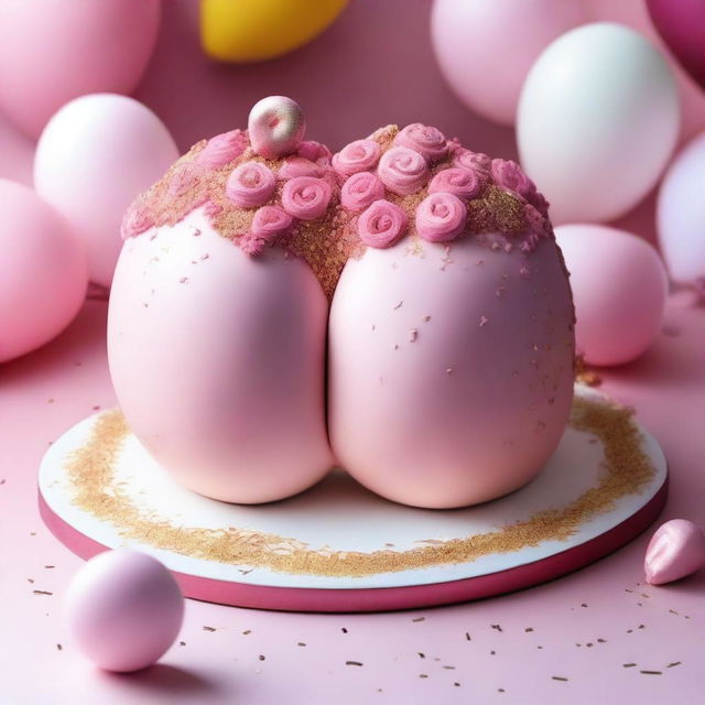 A birthday cake shaped like a pair of breasts, with realistic detailing and decorations