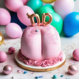 A birthday cake shaped like a pair of breasts, with realistic detailing and decorations