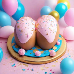 A birthday cake shaped like a pair of breasts, with realistic detailing and decorations