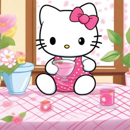 Hello Kitty drinking water from a glass