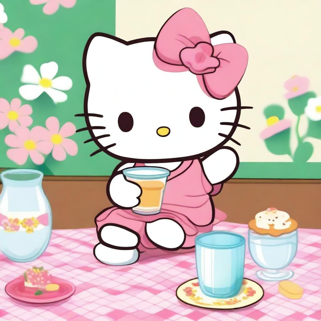 Hello Kitty drinking water from a glass