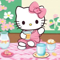 Hello Kitty drinking water from a glass