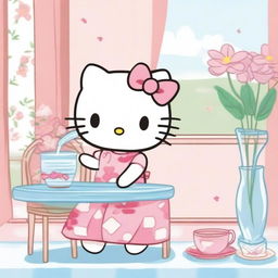 Hello Kitty drinking water from a glass