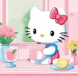 Hello Kitty drinking water from a glass