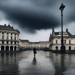 A brooding, atmospheric scene of Union Square in Cluj with dark, ominous clouds and a large shadowy man walking alone in the middle