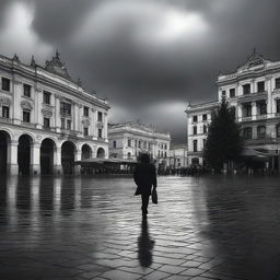 A brooding, atmospheric scene of Union Square in Cluj with dark, ominous clouds and a large shadowy man walking alone in the middle