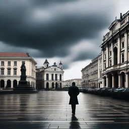 A brooding, atmospheric scene of Union Square in Cluj with dark, ominous clouds and a large shadowy man walking alone in the middle