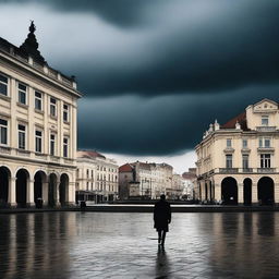 A brooding, atmospheric scene of Union Square in Cluj with dark, ominous clouds and a large shadowy man walking alone in the middle