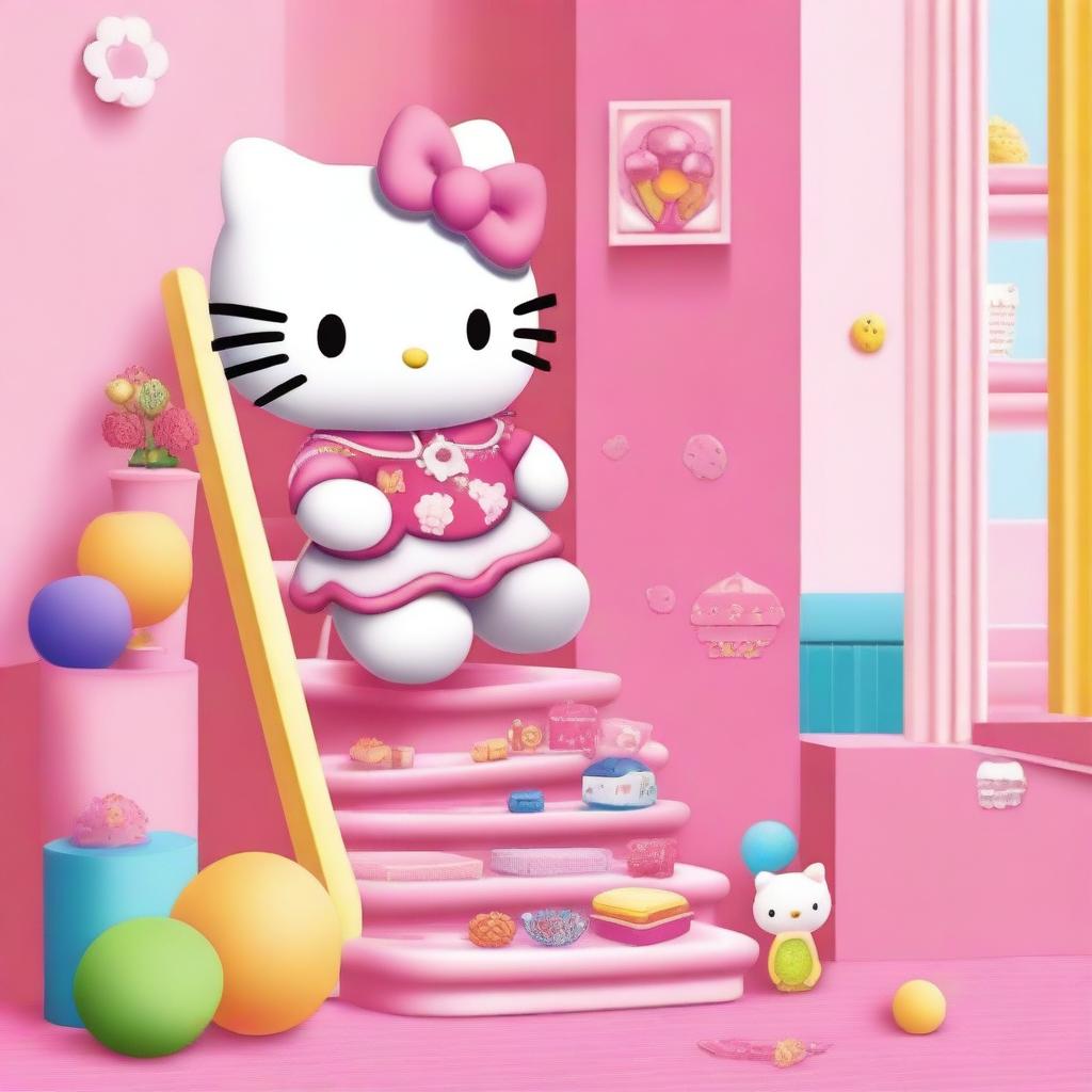 Hello Kitty climbing a set of stairs