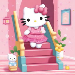 Hello Kitty climbing a set of stairs