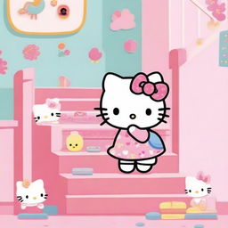 Hello Kitty climbing a set of stairs