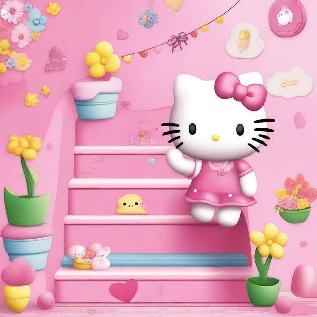 Hello Kitty climbing a set of stairs