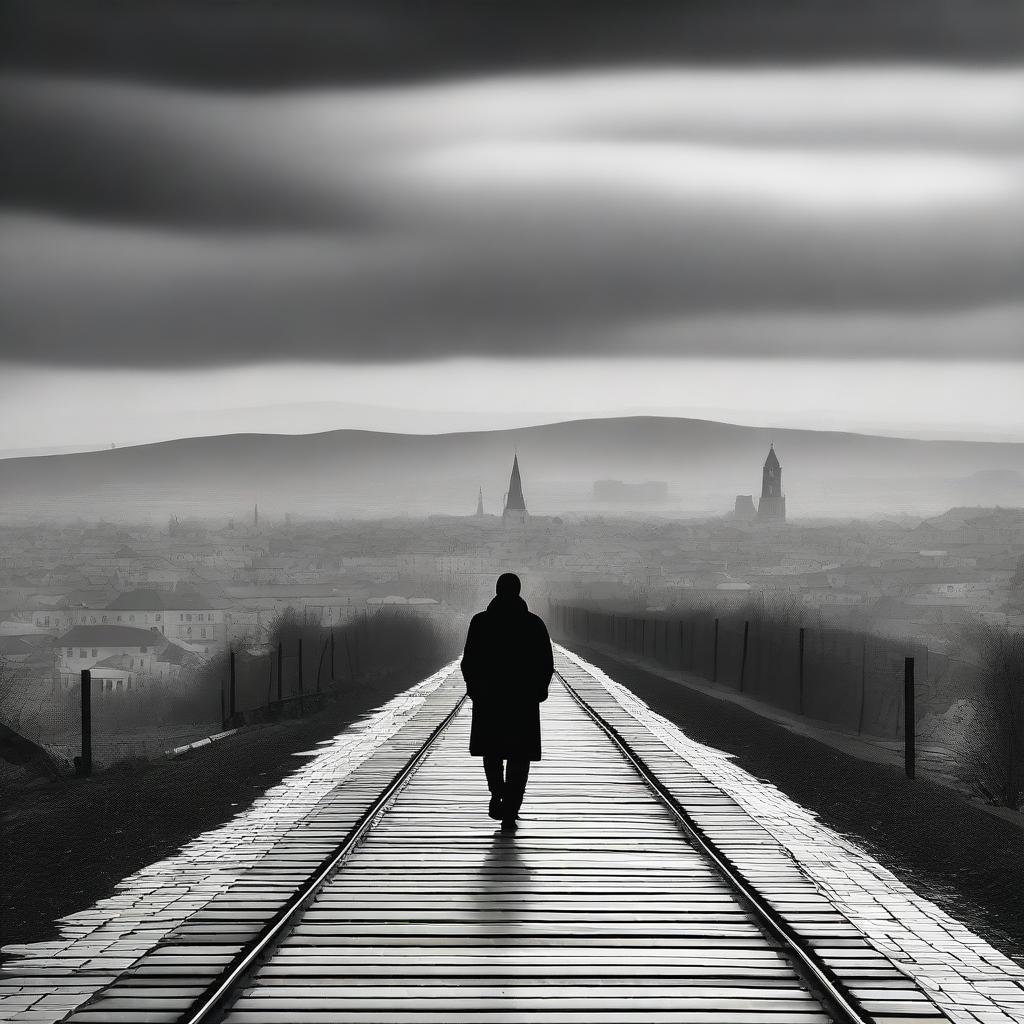 A black and white abstract image featuring the city of Cluj with the Carpathian mountains in the background on a semi-cloudy day