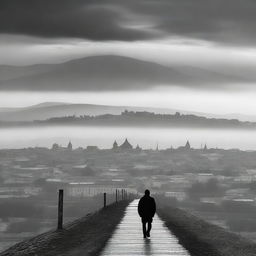 A black and white abstract image featuring the city of Cluj with the Carpathian mountains in the background on a semi-cloudy day