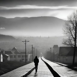 A black and white abstract image featuring the city of Cluj with the Carpathian mountains in the background on a semi-cloudy day