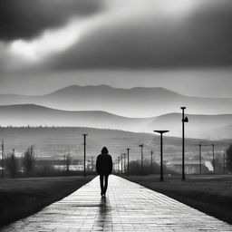 A black and white abstract image featuring the city of Cluj with the Carpathian mountains in the background on a semi-cloudy day