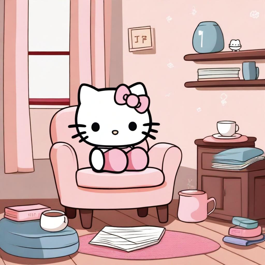 Hello Kitty relaxing in a cozy room