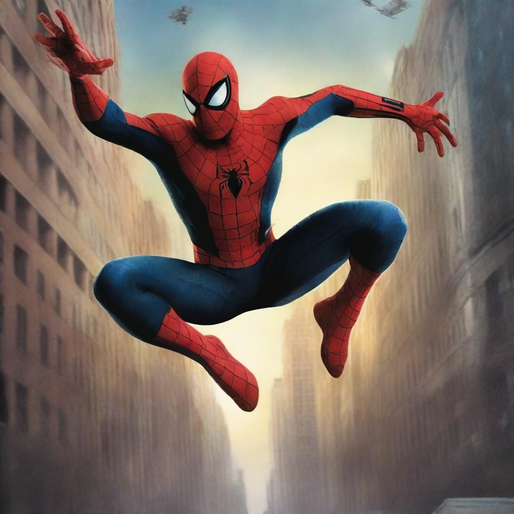 A dynamic and action-packed poster of Spider-Man titled 'Enemy Among Heroes'