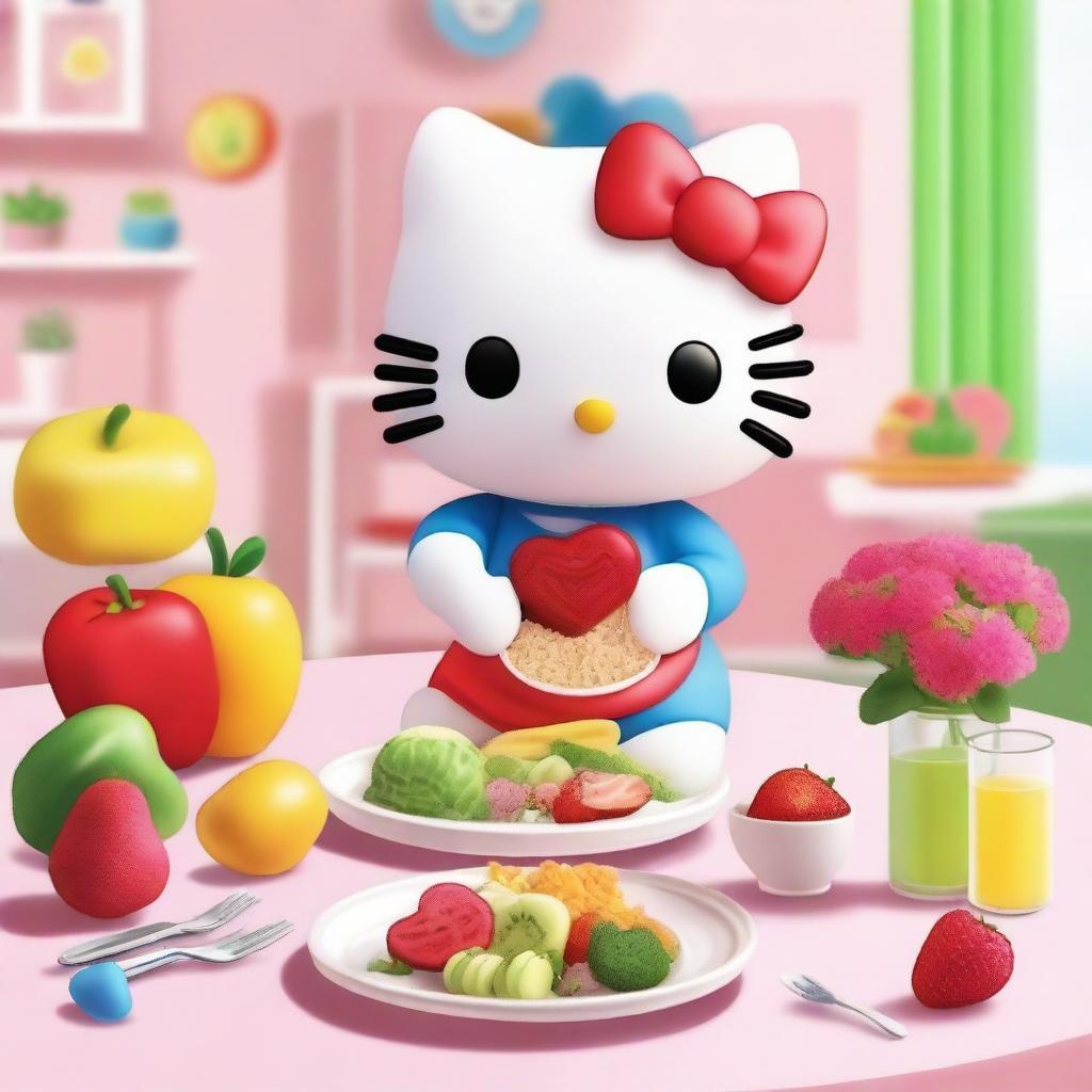 Hello Kitty eating a healthy meal at a cute dining table