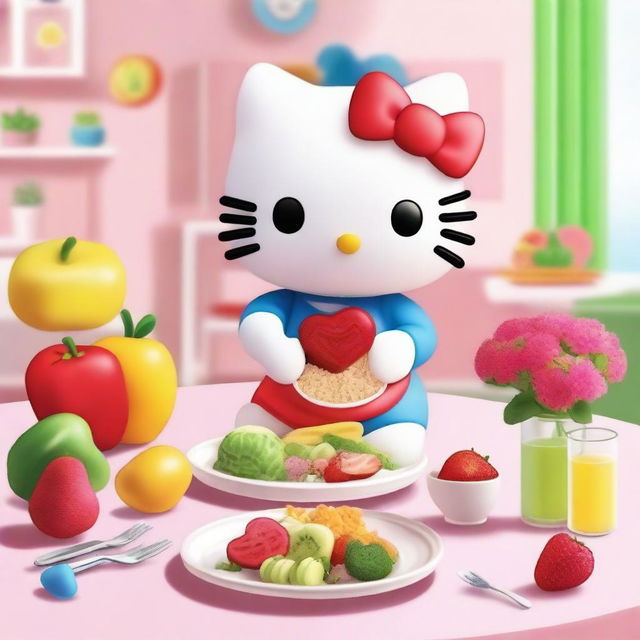 Hello Kitty eating a healthy meal at a cute dining table