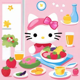 Hello Kitty eating a healthy meal at a cute dining table