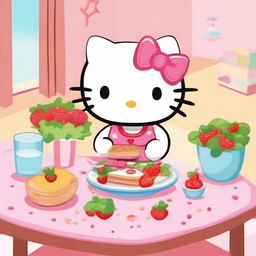 Hello Kitty eating a healthy meal at a cute dining table