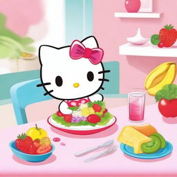 Hello Kitty eating a healthy meal at a cute dining table