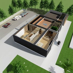 A 3D design for a modern home within a 33ft x 48ft area, encompassing a shop and a gate on the 33ft side. The home features glass walls, a flat roof, and a minimalist design.