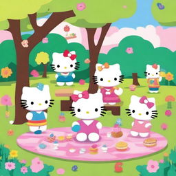 Hello Kitty having fun with her friends in a colorful park