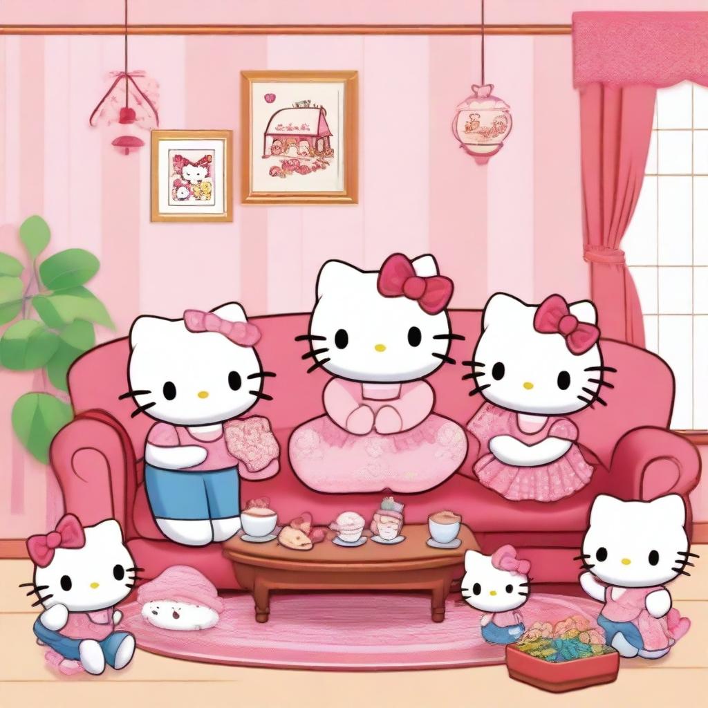 Hello Kitty spending quality time with her family in a warm and inviting living room