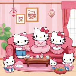 Hello Kitty spending quality time with her family in a warm and inviting living room