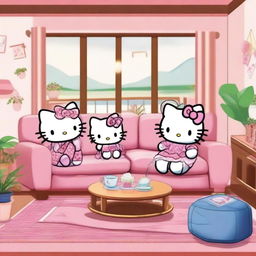 Hello Kitty spending quality time with her family in a warm and inviting living room