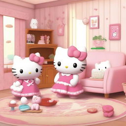 Hello Kitty spending quality time with her family in a warm and inviting living room