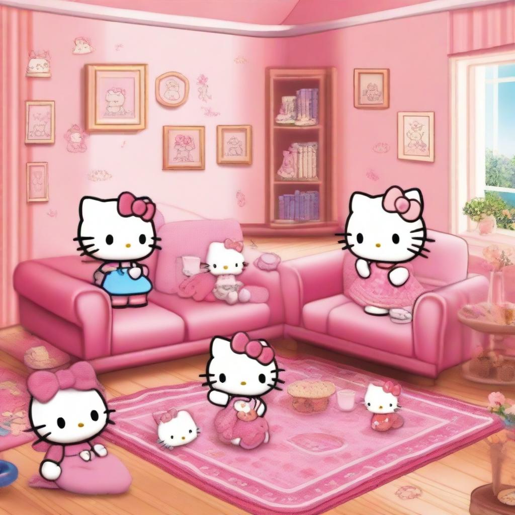 Hello Kitty spending quality time with her family in a warm and inviting living room