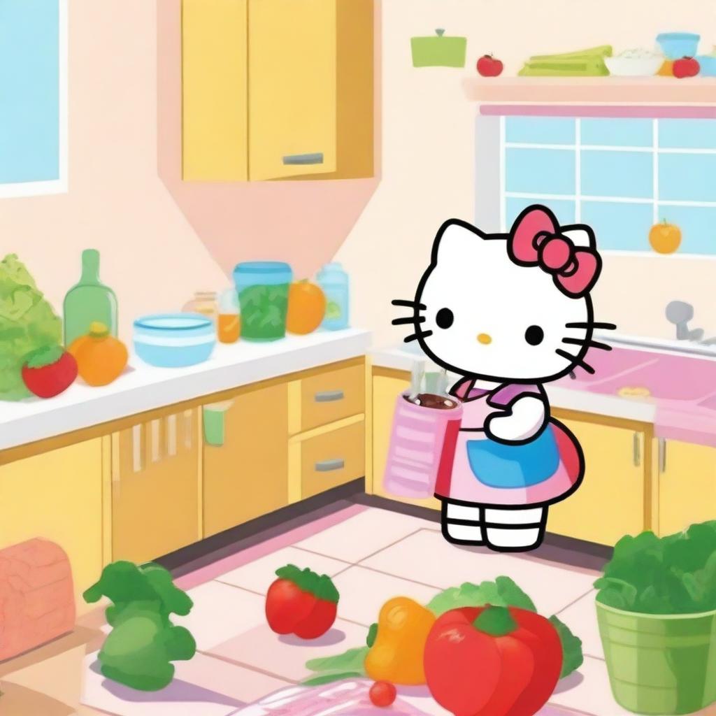 Hello Kitty following a diet plan in a cute kitchen